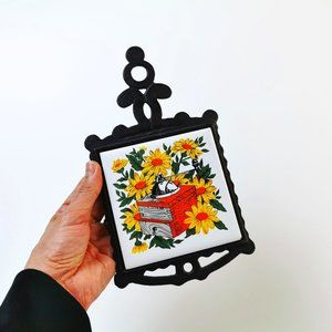Vintage Cast Iron Trivet with Daisy Print Tile